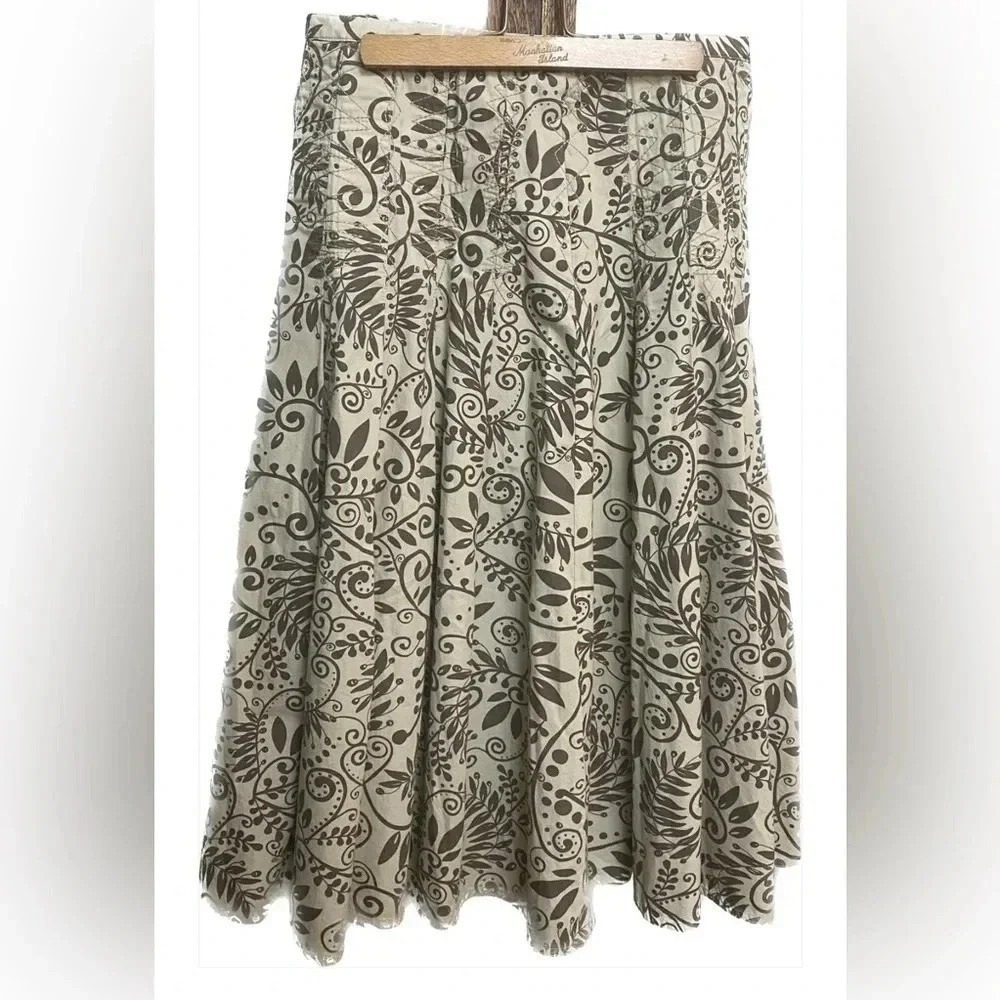 J. Jill Brown Cream Botanical Leaf Print A-Line Boho Midi Skirt Size 4 EUC